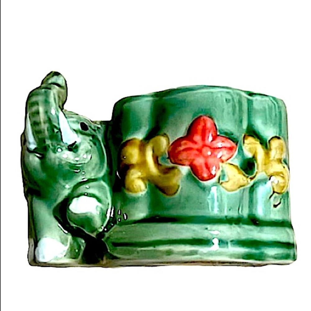 Vintage Green Elephant Ceramic Planter or Trinket Dish – Embossed Floral Detail